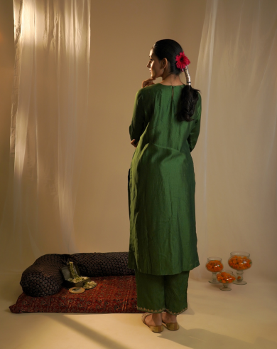 Green Silk High-Neck Kurta Set