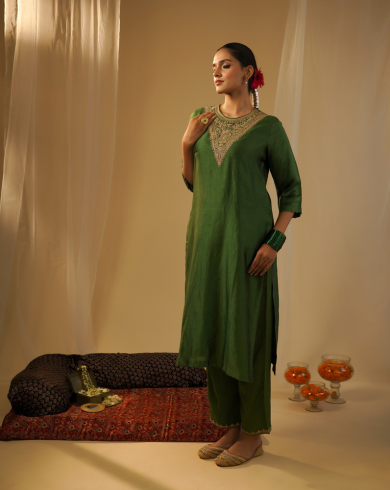 Green Silk High-Neck Kurta Set
