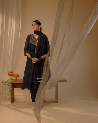 Black Pleated Yoke Kurta Set