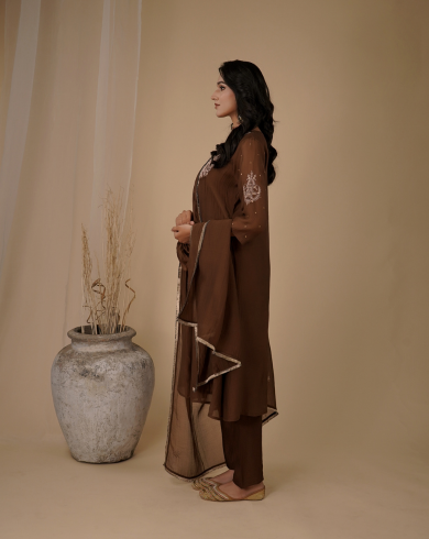 Brown Pleated Yoke Kurta Set