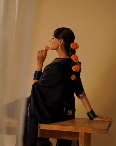 Black Pleated Yoke Kurta Set