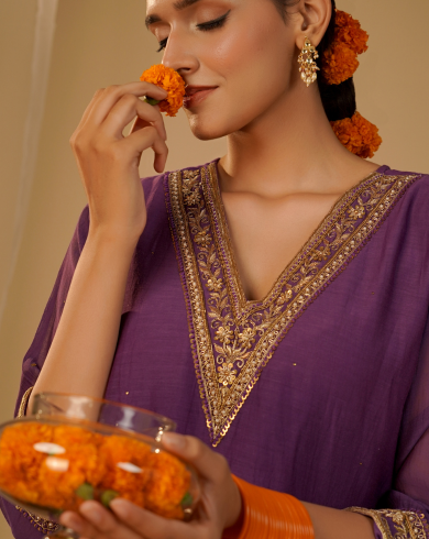 Purple V-neck Tunic Set