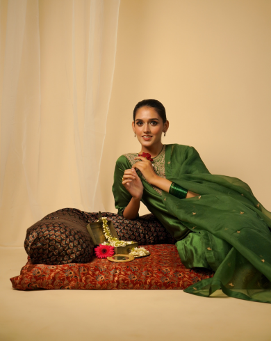Green Silk High-Neck Kurta Set