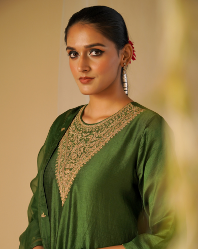 Green Silk High-Neck Kurta Set