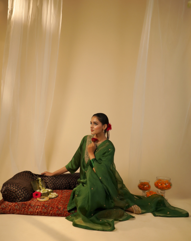 Green Silk High-Neck Kurta Set