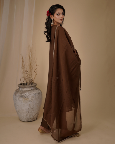 Brown Pleated Yoke Kurta Set