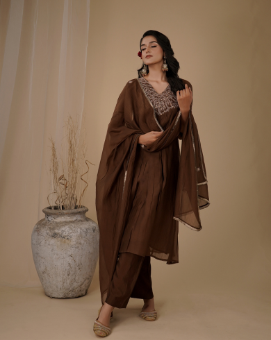 Brown Pleated Yoke Kurta Set