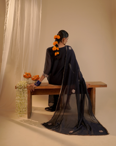 Black Pleated Yoke Kurta Set