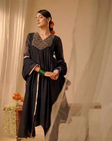 Black Pleated Yoke Kurta Set