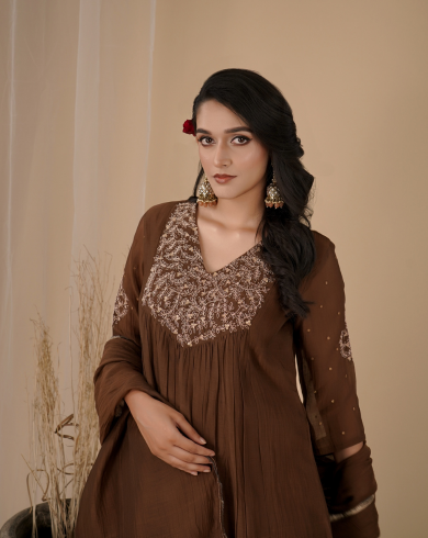 Brown Pleated Yoke Kurta Set