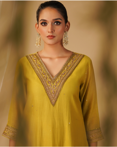 Lime green V-neck Tunic Set