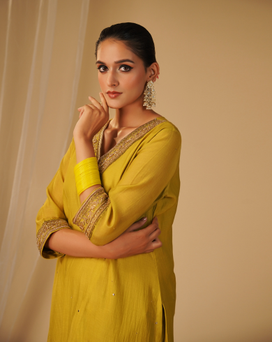Lime green V-neck Tunic Set